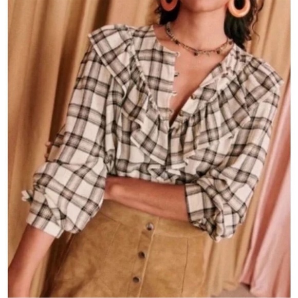 Sezane Tops - Sézane Women’s Angela Shirt Button Ruffle Front Casablanca Plaid Blouse Size 36